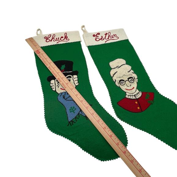 1960s MCM Felt Crewel Christmas Stockings Set of 2 Victorian Lady Gentlemen MONO - Picture 9 of 11